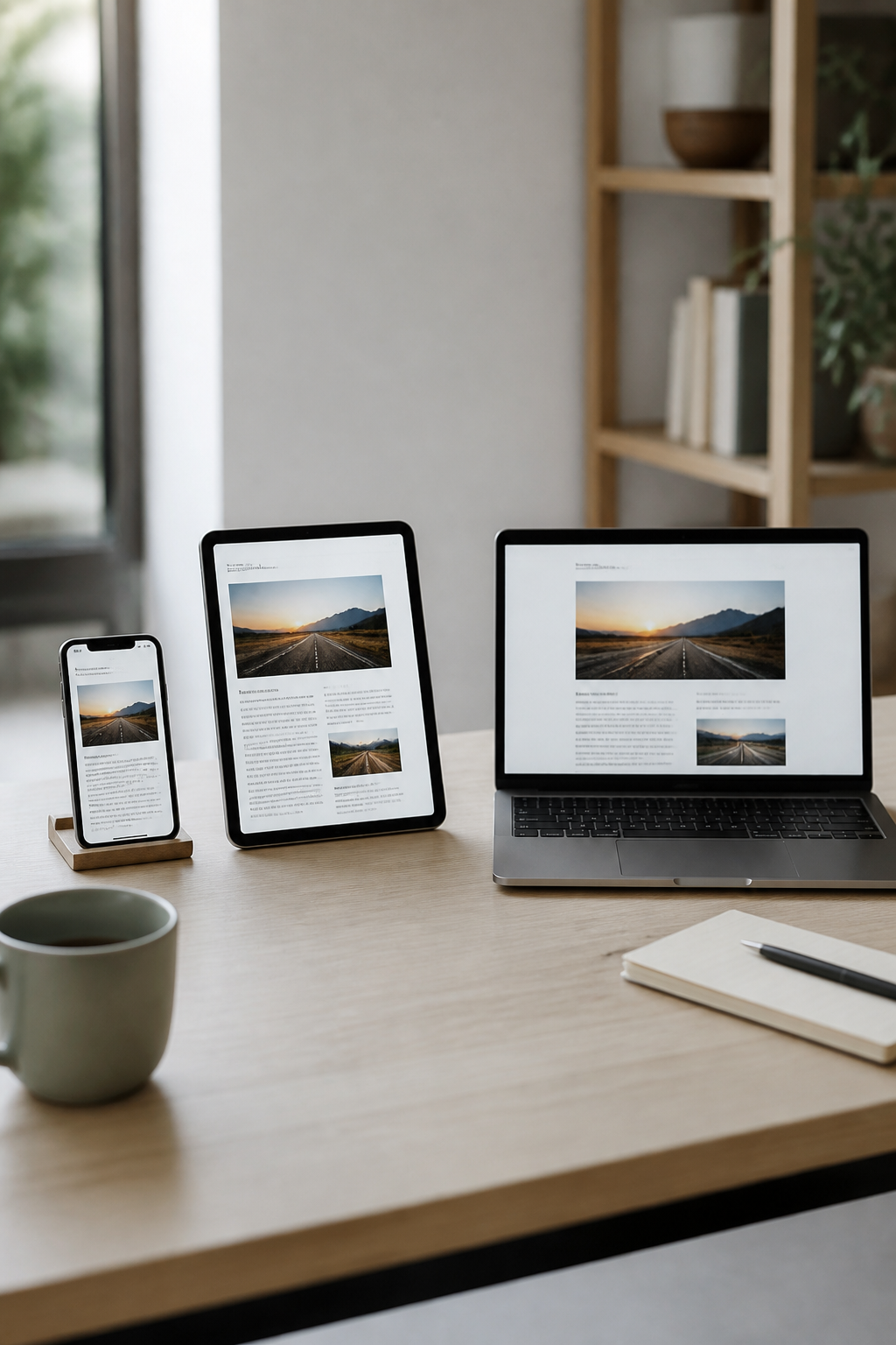 Téléphone, tablette et ordinateur portable posés côte à côte sur un bureau clair, affichant la même page à trois largeurs différentes.