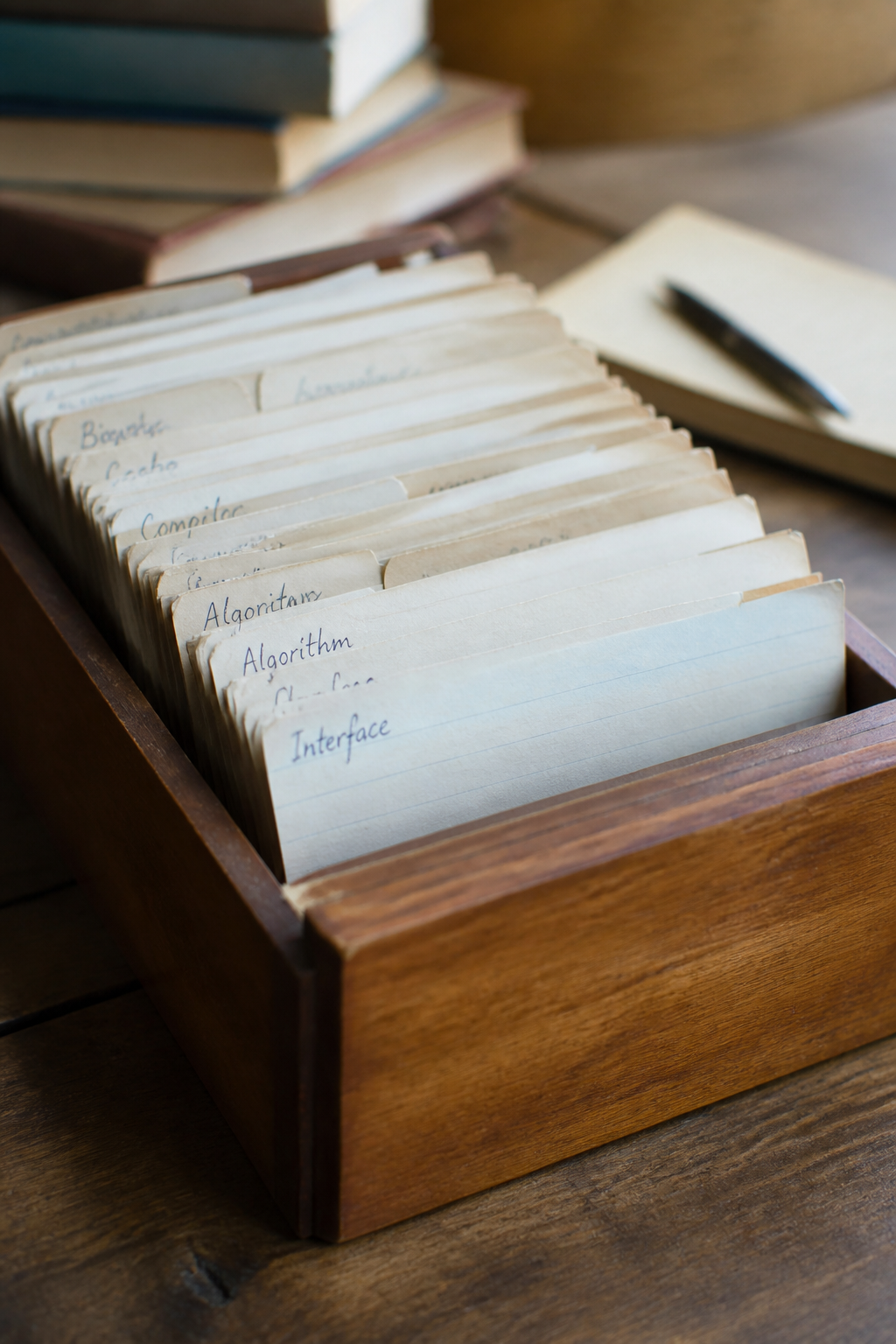 Fiches cartonnées manuscrites rangées dans une boîte à index en bois, chacune portant un terme technique écrit à la main.