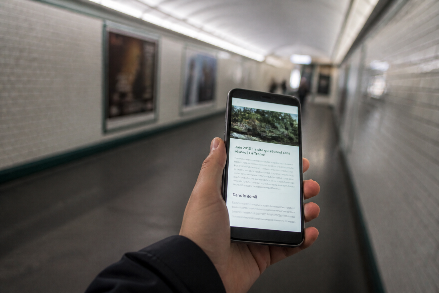 Téléphone tenu à la main dans un couloir de métro souterrain, affichant une page de contenu alors qu'aucun réseau n'est disponible.
